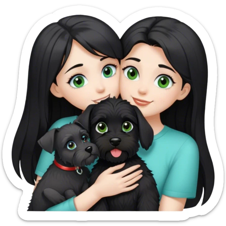 pale girl  with light green blue eyes and long black hair wearing black shirt kissing female schnauzer holding smiling black schnauzer  sticker