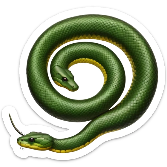 A photo-realistic top-down view of a Green Anaconda tightly coiled in a spiral, with its broad, flat head resting at the center. Its thick, muscular body is olive-green and covered in symmetrical, bold black oval spots that stand out against its smooth scales, creating striking natural camouflage. sticker