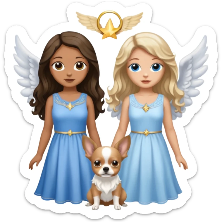 Three women as pretty angels with wings and isolated dresses, brown eyed light skin with dark blonde long hair and Brown eyed light skin black long wavy hair and blue eyed light skin long blonde hair with blue and tan Merle Frenchie black and tan chihuahua  sticker