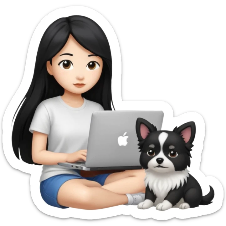 Blue back ground, Asian girl with long black hair , wearing a white t-shirt, working on an Apple laptop, next to her is a small black and white dog sticker