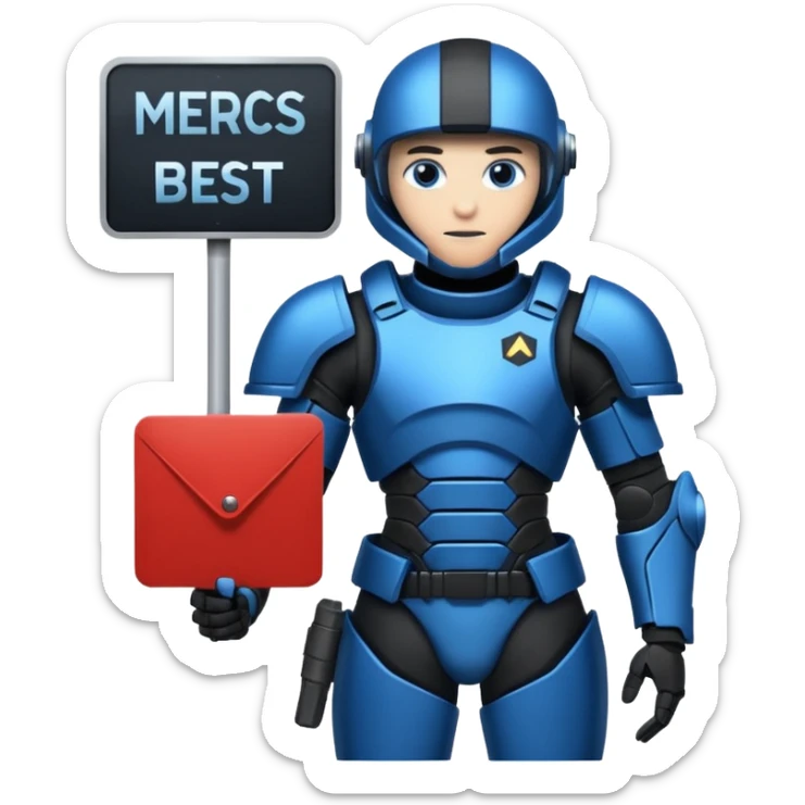 a futeristic scifi soldier in blue and black holding a sign saying Mercs, under this futeristic scifi in blue and black holding a sign is the text we are the best. in gif sticker