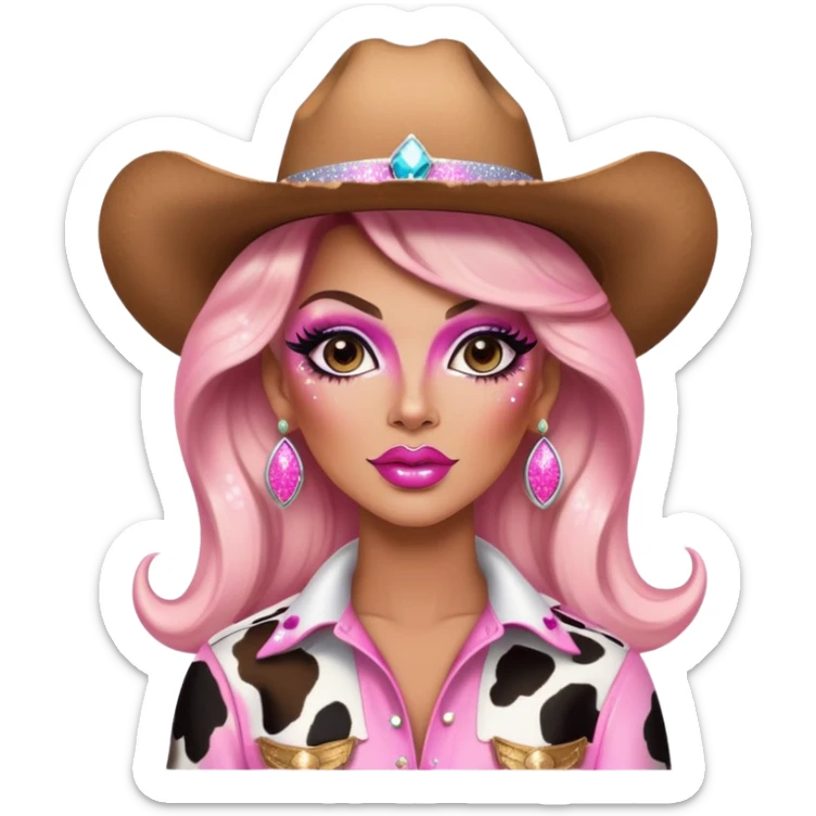 cowboy cow print pink drag queen glitter sparkles babe girl makeup diva brat sticker