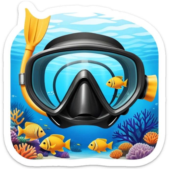 An icon featuring a close-up of a diving mask, snorkel, and fins floating on the surface of vibrant blue water. In the background, coral reefs and tropical fish create a lively underwater scene. Transparent background highlights the beauty and adventure of the diving experience. sticker