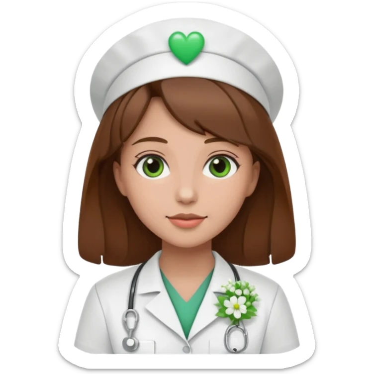 Brown hair Nurse with green heart and Gypsophila surround her head sticker