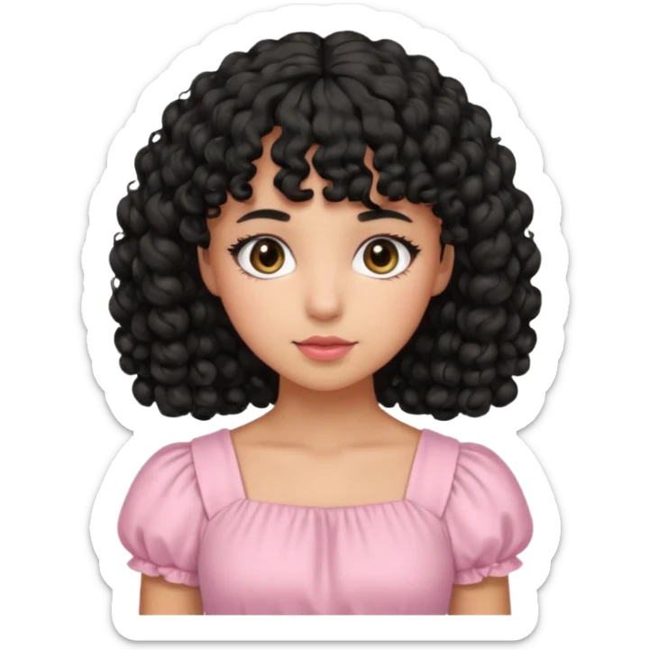 uma menina fofa de pele oliva e cabelos pretos encaracolados e com franja encaracolada e um vestido rosa pastel sticker