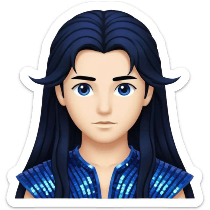 Zephyr, God of West Wind from Gods and Goddesses with long jet black hair, dark blue sequin outfit sticker