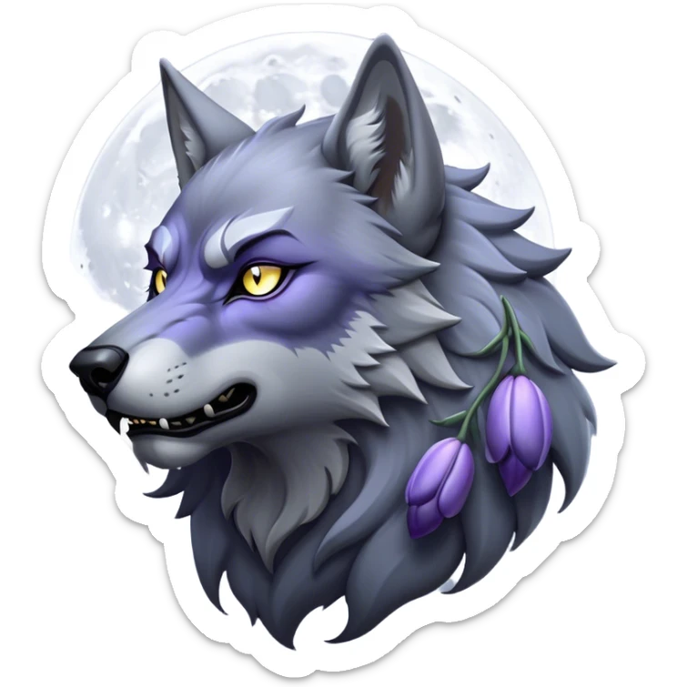 Cinematic Noble Werewolf Portrait Emoji, Formidable and majestic, with a powerful lupine silhouette in moonlit grays and silvers, featuring piercing, wise eyes and a dignified snarl that hints at untamed strength, simplified yet intricately detailed, glowing with a soft, lunar outline that encapsulates the noble duality of feral instinct and loyal guardianship! sticker