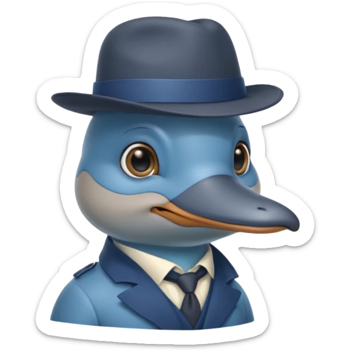 cute blue platypus with a detective hat and monocle on his eye, no  hands, looks like a platypus but blue sticker