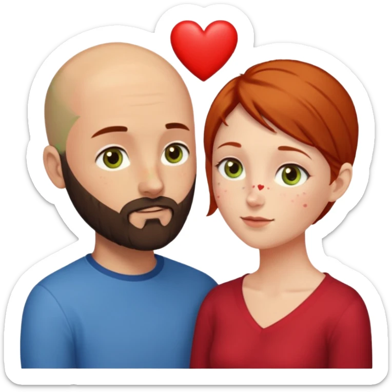 Couple. Bald man with dark brown-black beard. Woman with many small, faded, round freckles, white skin and she has auburn-yellow-brown dark hair. She has light yellow-brown-green eyes. He have hazel-blue eyes. They look at each other. Many small red hearts around them. sticker