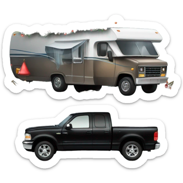Black 4 door pickup truck with an RV attached with Christmas lights and decorations sticker