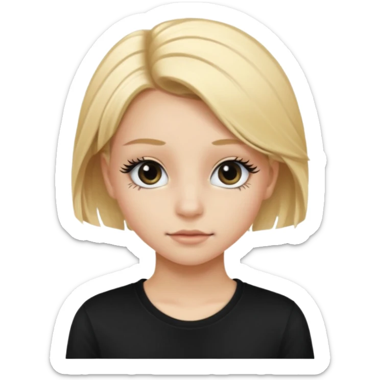 Fille jolie de 15 ans blonde aux cheveux longs avec des faux cils et un t-shirt noir sticker