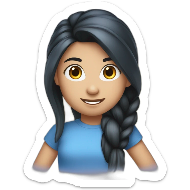 A 11 years old girl with long black hair tied back into a pony tail wearing a blue t shirt  sticker