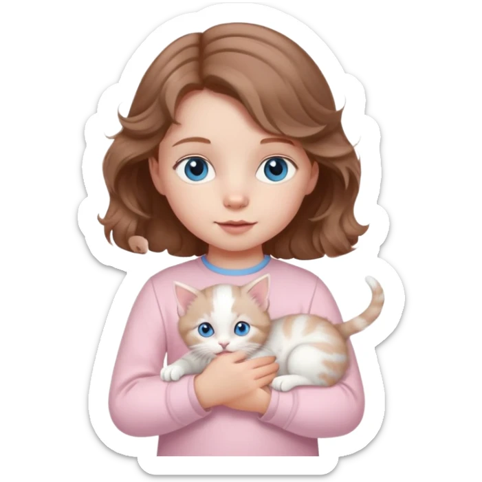 A little girl with wavy light brown hair and blue eyes and pale pink clothes holds a white kitten sticker