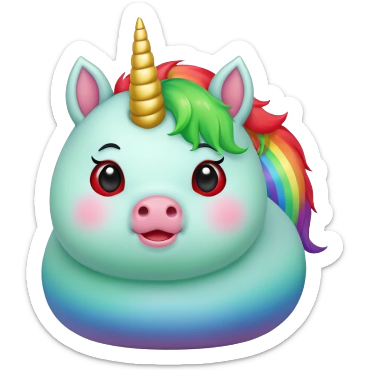 Small chubby unicorn in colours of jade green, black and red eyes, farting rainbow sticker