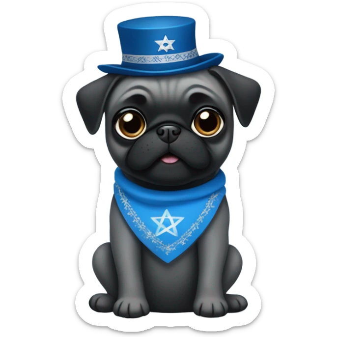 Black pug in a blue dress with a Jewish star on the dress sticker