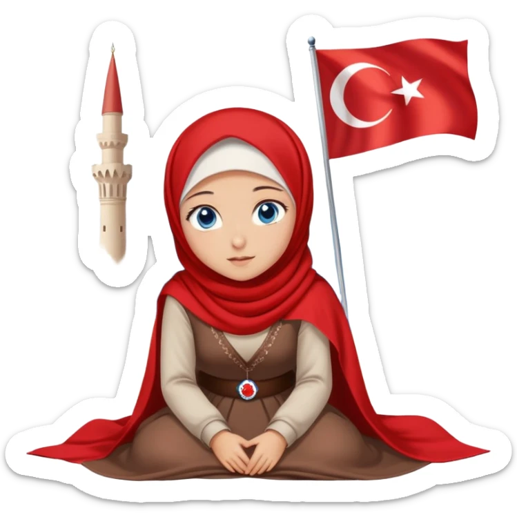 Turkish beautiful finish Konya girl blue eyes with red white hijab dress with turkish flag and watching the sky on the ground  sticker