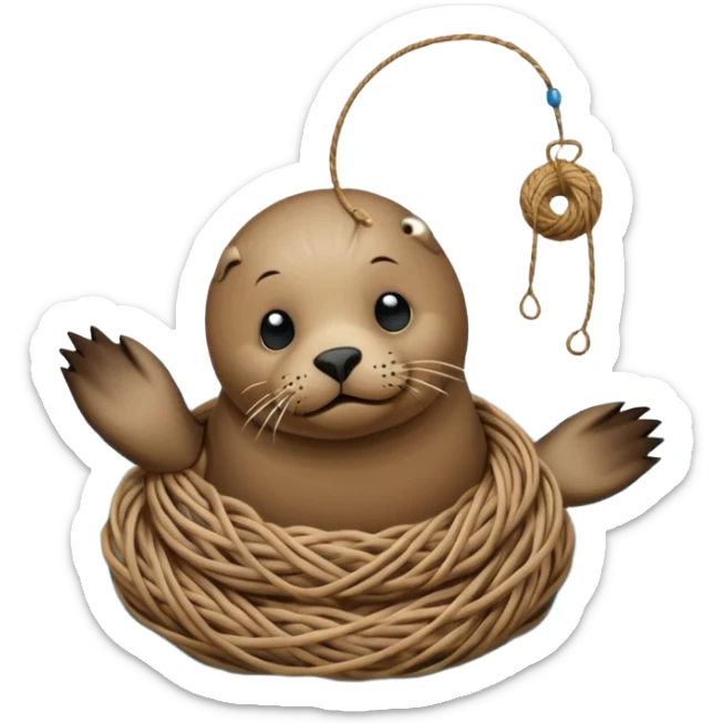 Realistic Seal Stauck with his head in a fishing yarn in the ocean, with plastic floating around sticker