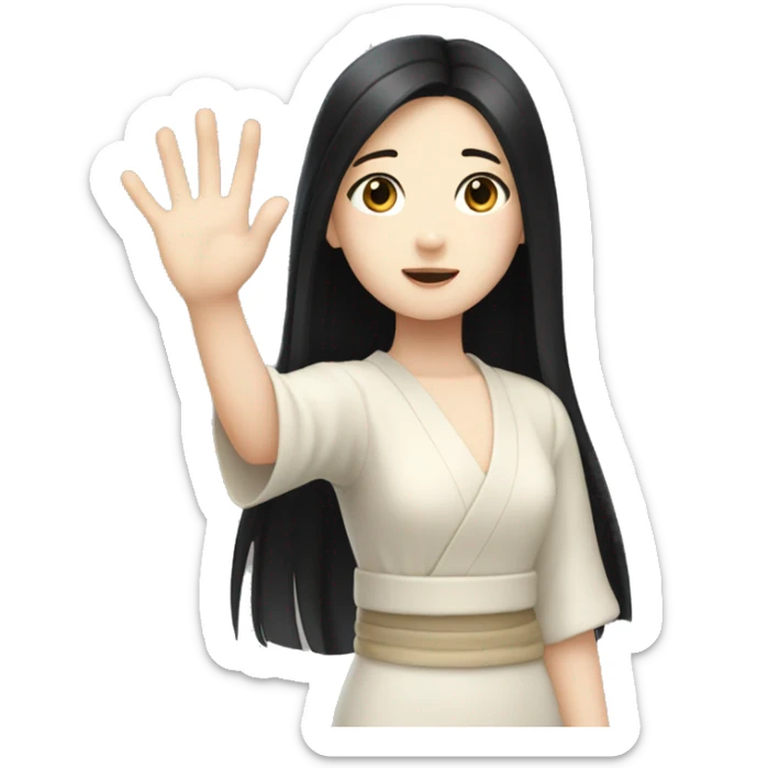 Japanese girl with long black hair and pale skin waving her hand saying hello sticker