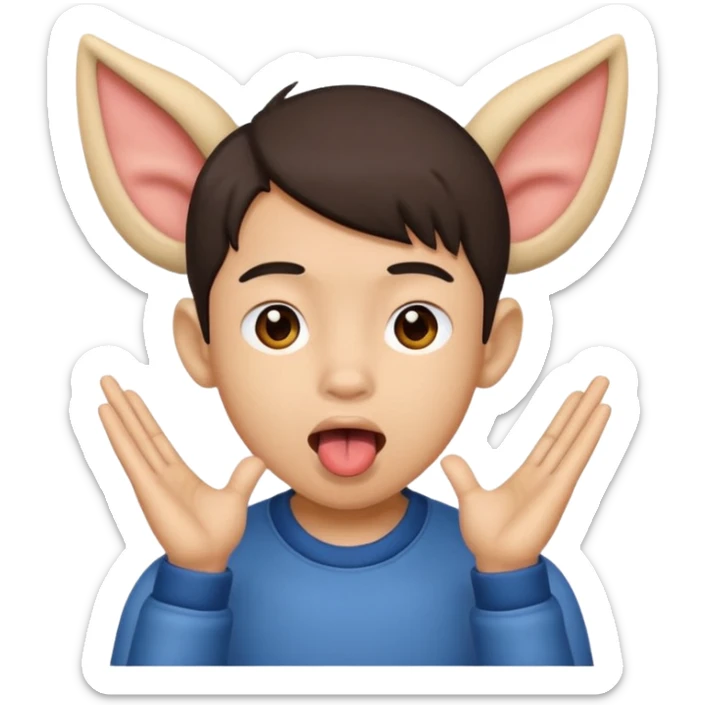 a boy with asian eyes holding his ears and with his tongue out sticker