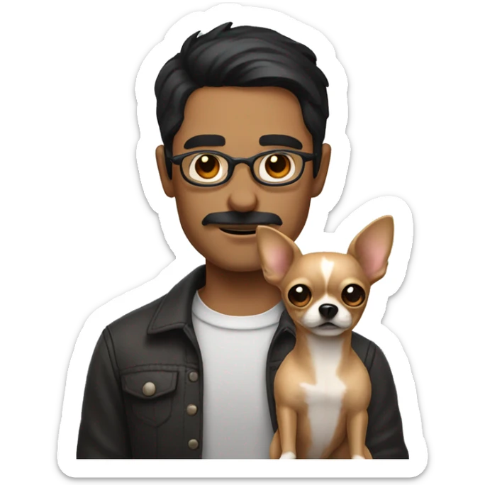 dark hair dark eye man with short mustache wearing glasses holding chihuahua sticker