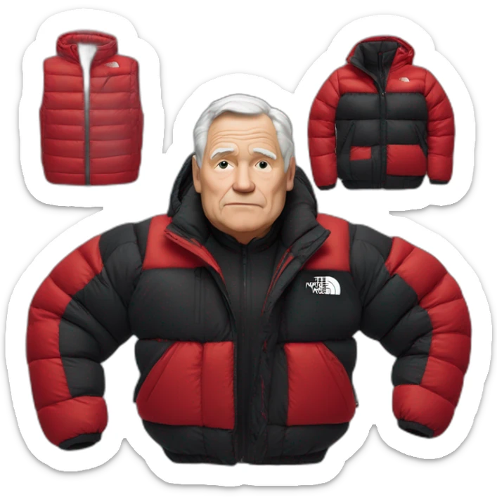 old white man overweight with black and red supreme north face puffy jacket  upper body bust sticker