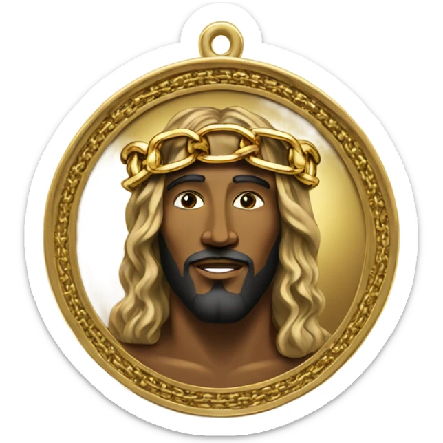 A gold chain attached to a gold and platinum medallion with the face of Black Jesus smiling. sticker