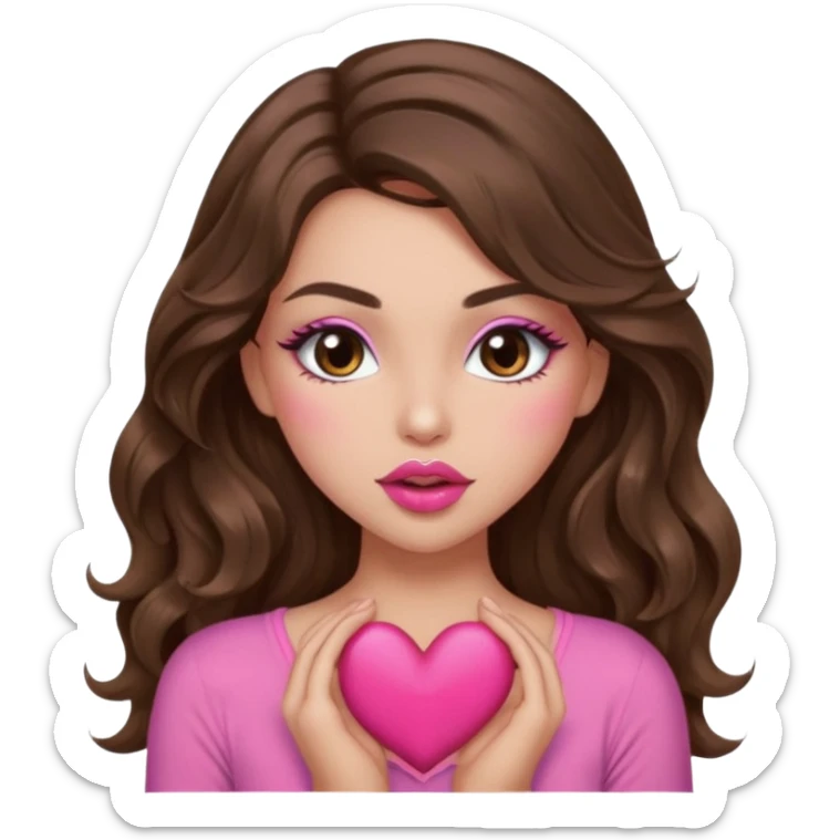 girl with long wavy brown hair, brown eyes, long lashes makeup, sexy pink lips, light to medium complexion, wearing a pink sexy top, sexy , puckering, blushing, kissing a heart sexy sticker