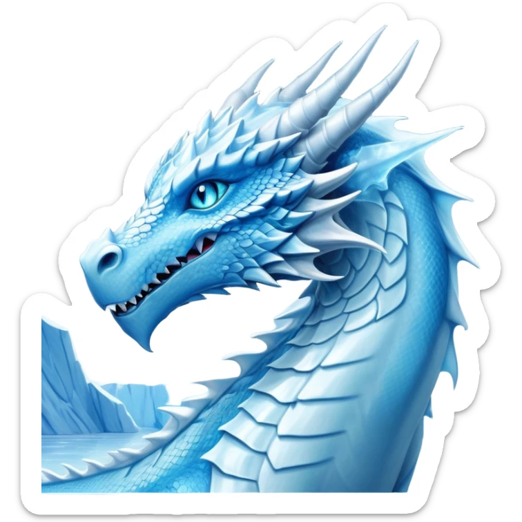 Cinematic Noble wise elegant Ice Dragon Portrait Emoji, Poised and imposing, distinct long elegant snout, with a slender, scaled body shimmering in glacial hues of icy blue, frostbitten silver, and crystalline white, breathing out frost, with piercing, glowing ice blue white eyes that radiate the chilling depths of an arctic storm; rendered in detail. excuding wisdom sticker