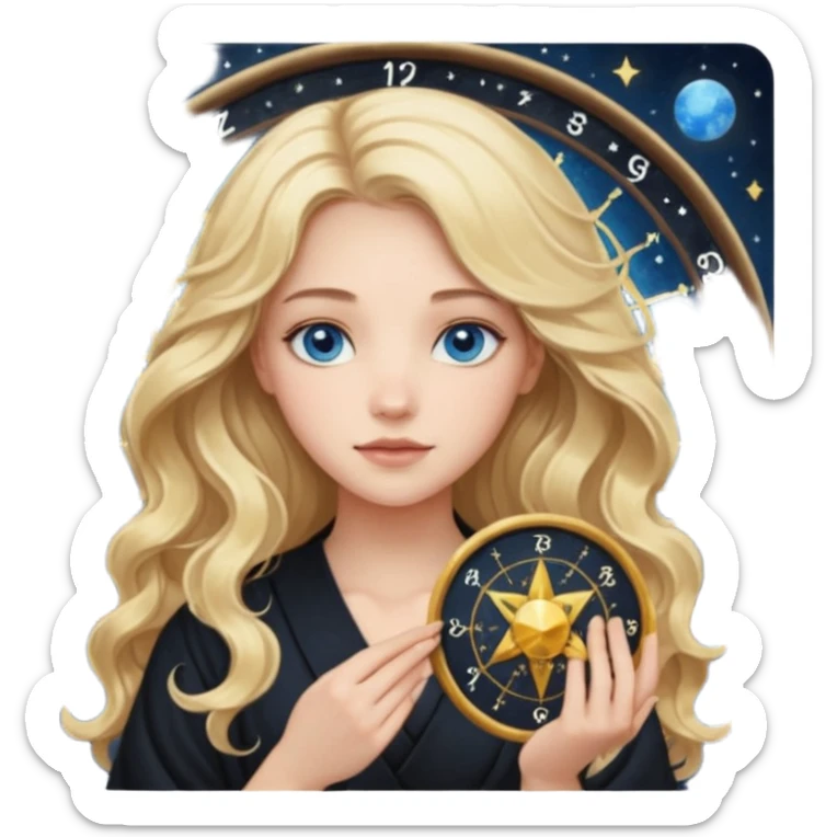 A long wavy haired blonde girl with blue eyes, wearing black, holding astrology natal chart. sticker