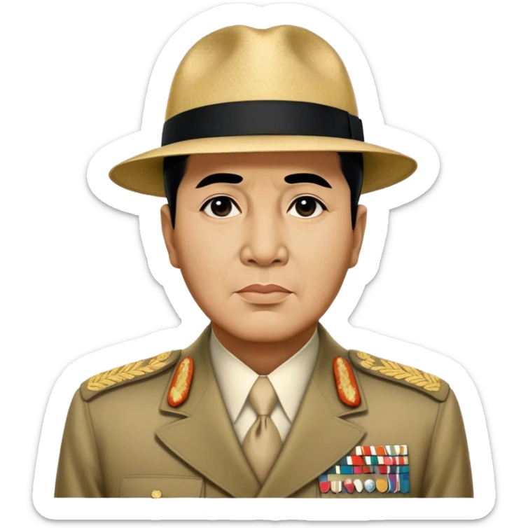 ​Cinematic Realistic Portrait of Sukarno, depicted in a lifelike, realistic style based on his iconic portrait, showcasing his thoughtful, charismatic expression in period attire, rendered with detailed textures and warm, evocative lighting that captures his pioneering spirit and national pride, sticker