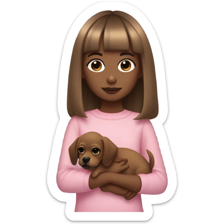 girl with straight light brown hair with a bang a little above her eyebrows holding a black chiguagua puppy, pink aesthetic sticker