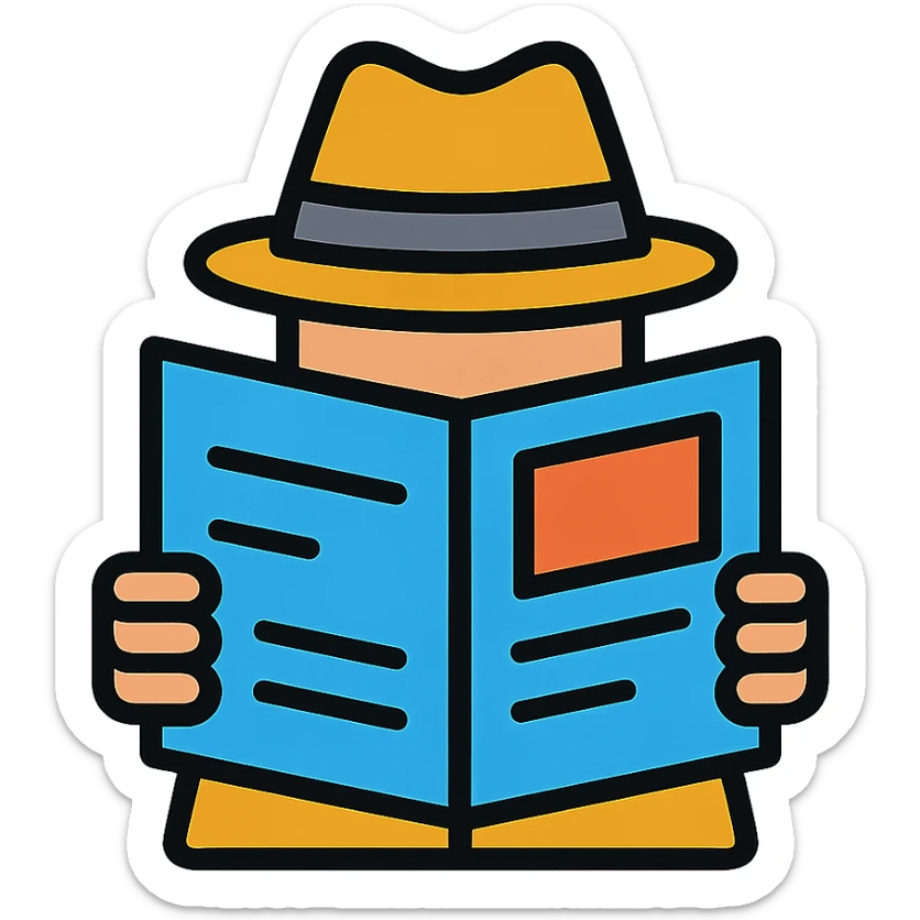 detective holding a newspaper in front of their face, only the detective's hat visible above the newspaper, color outline icon style sticker