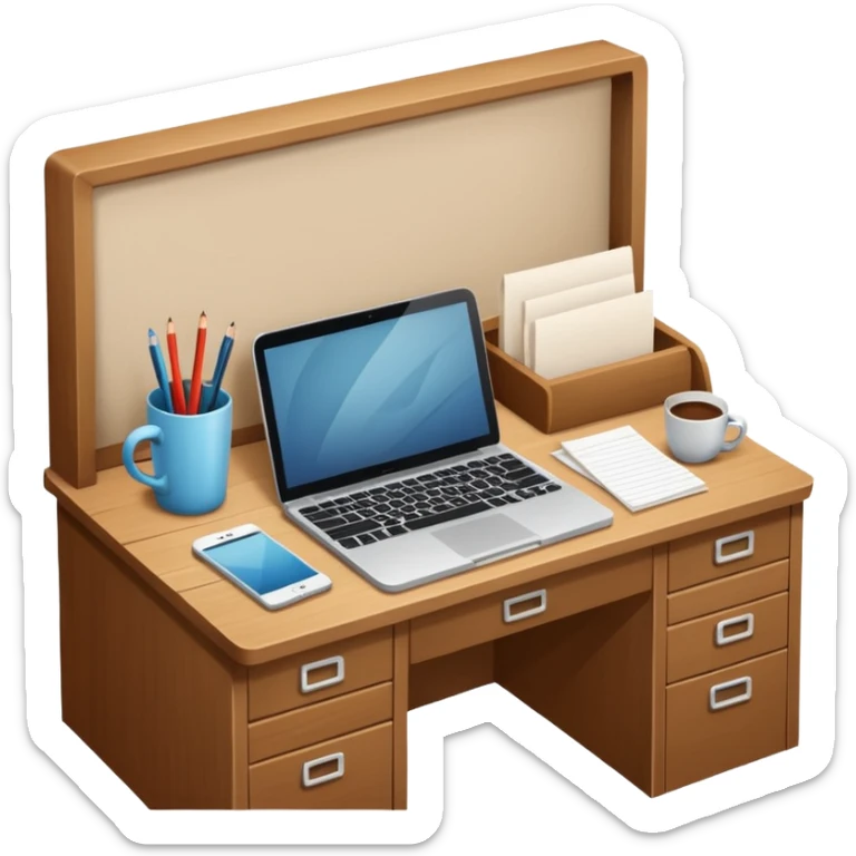 simple emoji of a cozy desk with a paper and a laptop on it sticker
