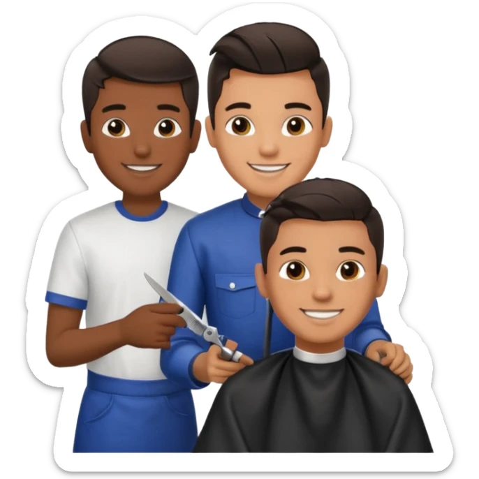 Barber cutting teenage boys hair. Show the boy sat in black barber chair and both having smiles on their faces. Both have dark hair sticker
