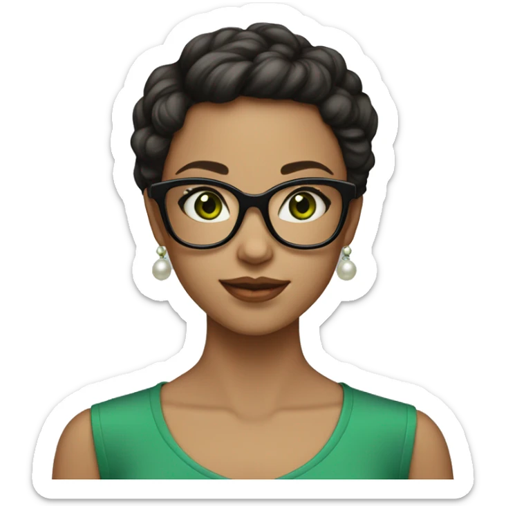 Girl with fair skin, short dark hair, big green square eyeglasses, pearl earrings  sticker