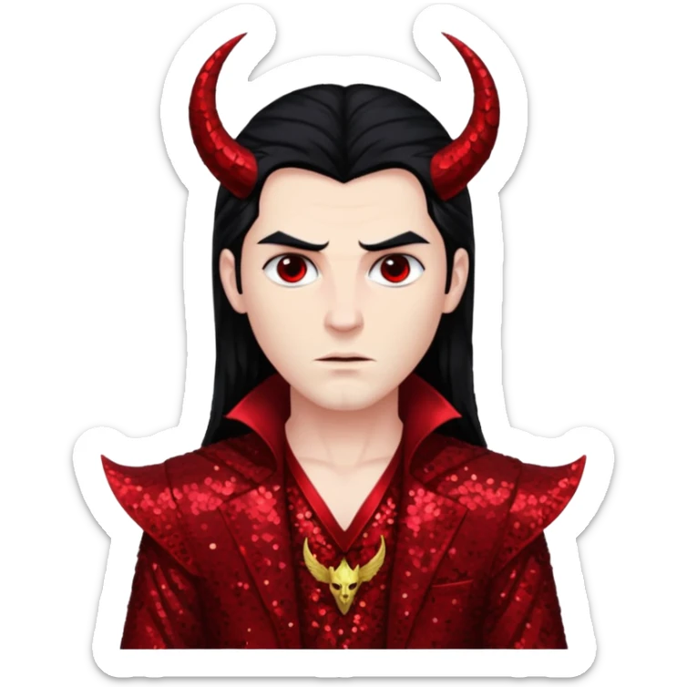 Lucifer from The Bible with long black hair, dark red sequin outfit sticker