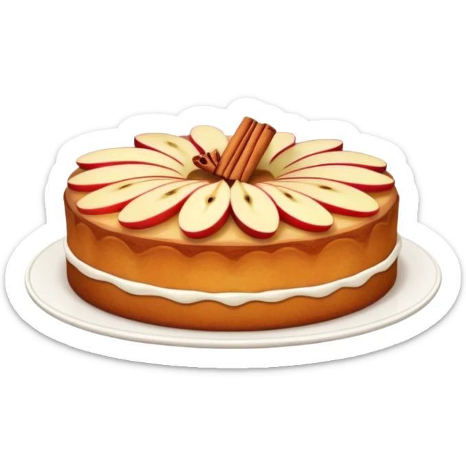 cinematic-realistic-apfelkuchen-dessert-emoji,-depicted-as-a-classic-apple-cake-with-cinnamon-and-thinly sliced apples on the top a few neatly spread out-rendered-with-soft-textures-and-warm,-inviting-lighting. sticker
