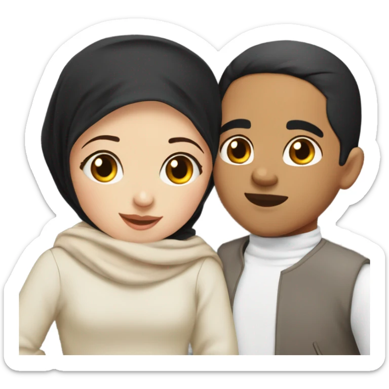 Brunette Hijab Girl with long lashes and red cheeks kiss a boy with black hair with boxer cut  sticker