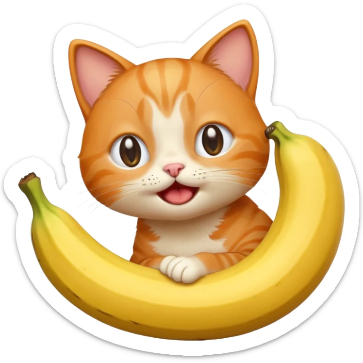 A cat with a bana body standing up and the cat is a orange cat and is a cute one holding a banana and crying sticker