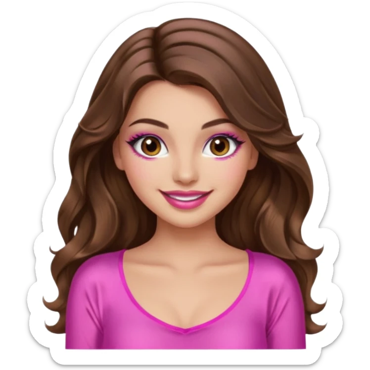 girl with long wavy brown hair, brown eyes, long lashes makeup, sexy pink lips, light to medium complexion, wearing a pink sexy silk top, smiling sticker