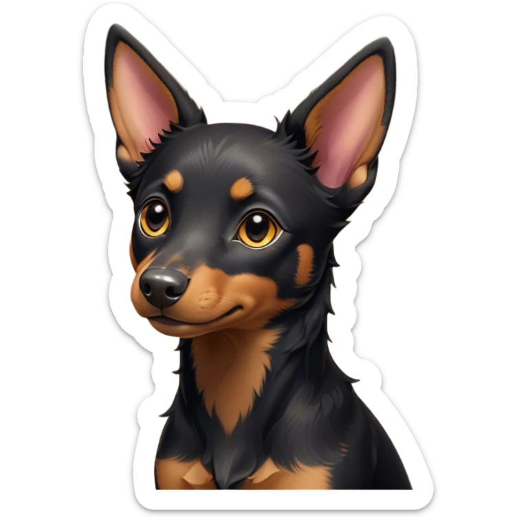 Cinematic Cute Black and Tan Kelpie Portrait Emoji, Head tilted playfully and inquisitively, featuring a sleek black Fur with vibrant tan markings, round, sparkling dark eyes filled with curiosity, Simplified yet irresistibly adorable features, highly detailed, glowing with a warm, friendly glow, high shine, affectionate and spirited, stylized with a touch of whimsy, bright and endearing, soft glowing outline, capturing the essence of a mischievous yet loving herder, so playful it feels like it could leap out of the screen and into your arms! sticker