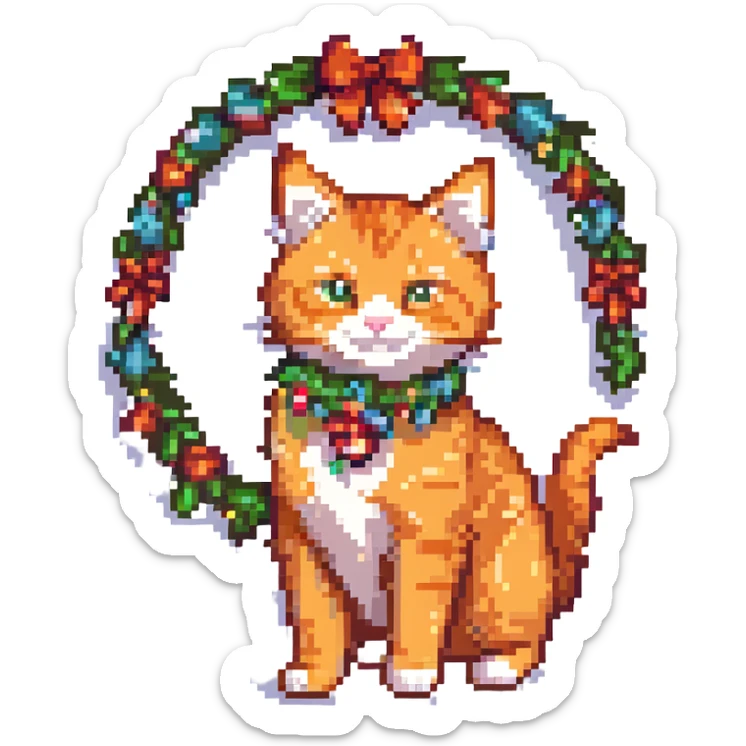 minimalist pixel art of an orange cat with a Christmas garland like on a New Year tree, gaming style sticker