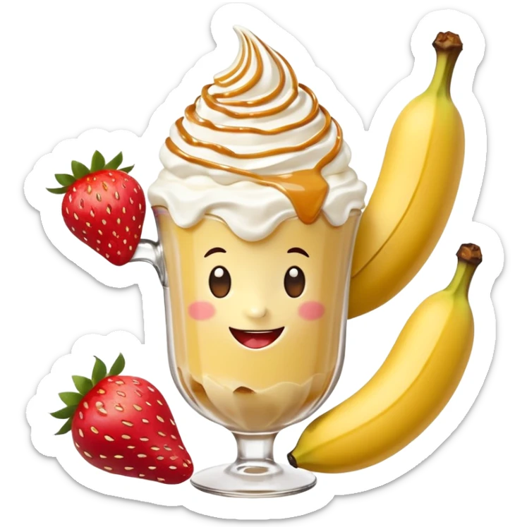 Coffee with caramel, whipped cream, one big  pealed banana sticking out of it with two strawberry’s sticking out of the base of the banana with whipped cream and caramel on the tip of the banana in a happy face on the glass with a wink sticker