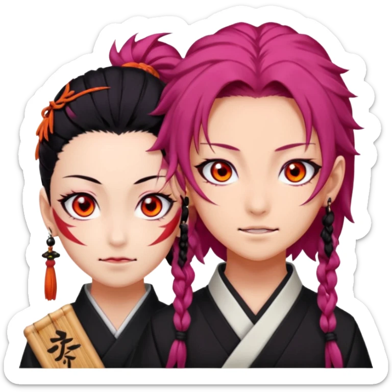 tanjiro: Kind red eyes, black hair with burgundy tips, forehead scar, tanned skin, Hanafuda earrings.                             nezuko:   Pink eyes, black-orange hair, fangs, bamboo muzzle. sticker