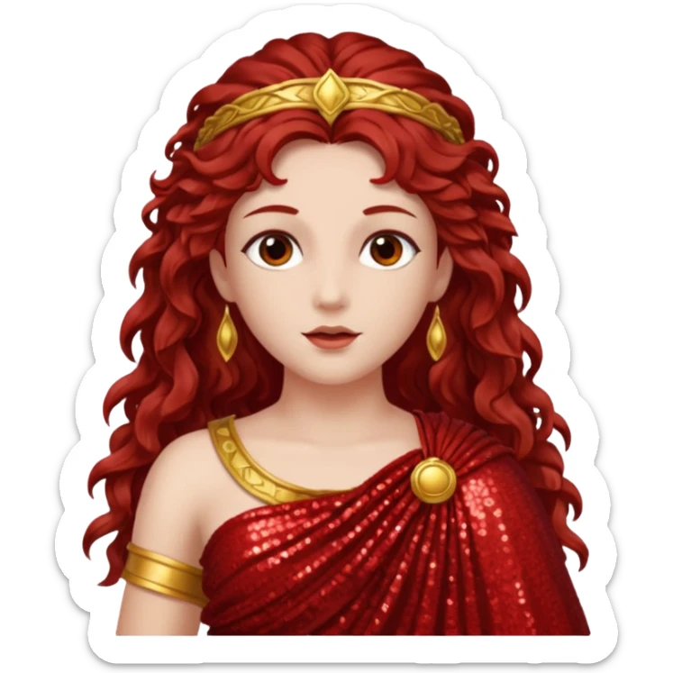 Vesta, Goddess of Hearth from Roman Deities with long dark red wavy hair, red sequin toga  sticker