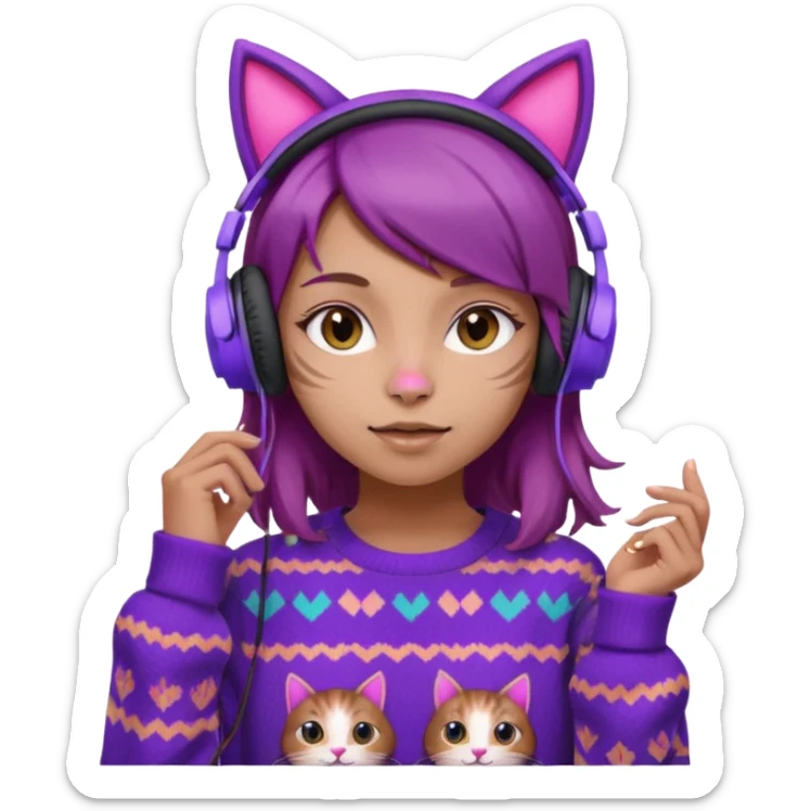 une fille avec des écouteurs de chat rose et des cheveux brun qui est crazy  chandaille mauve  sticker