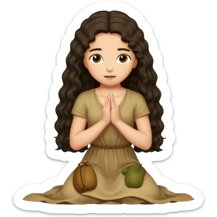 Olive toned Christian girl praying on knees to Jesus long dark curly hair in tan  sticker