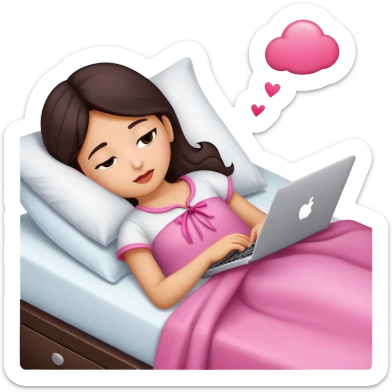 crea a una niña morena con un moño coquette en la cabeza, que tenga un computador en la cama y que la niña este acostada sticker