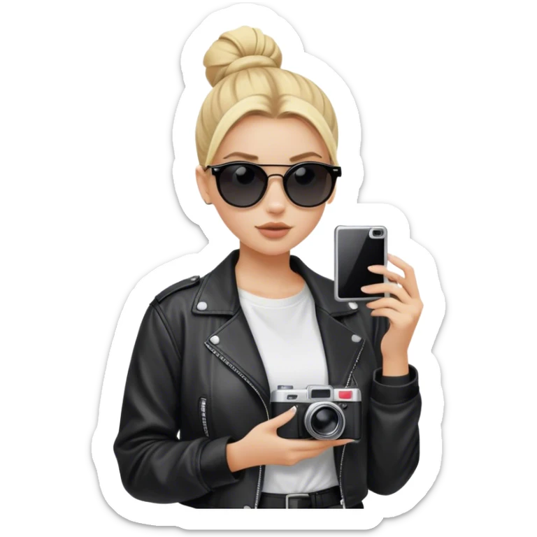 Blonde white girl with film camera wearing blackout sunglasses where you can’t see her eyes with a high bun. She’s wearing a white t shirt and a black baggy leather jacket  sticker