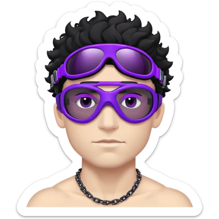 shirtless male athlete with white skin and moderately curly black hair on top with shaved sides, wearing ski goggles with purple frames/outline and very dark heavily tinted black lenses that completely hide the eyes, and a simple plain black chain necklace, no earrings sticker